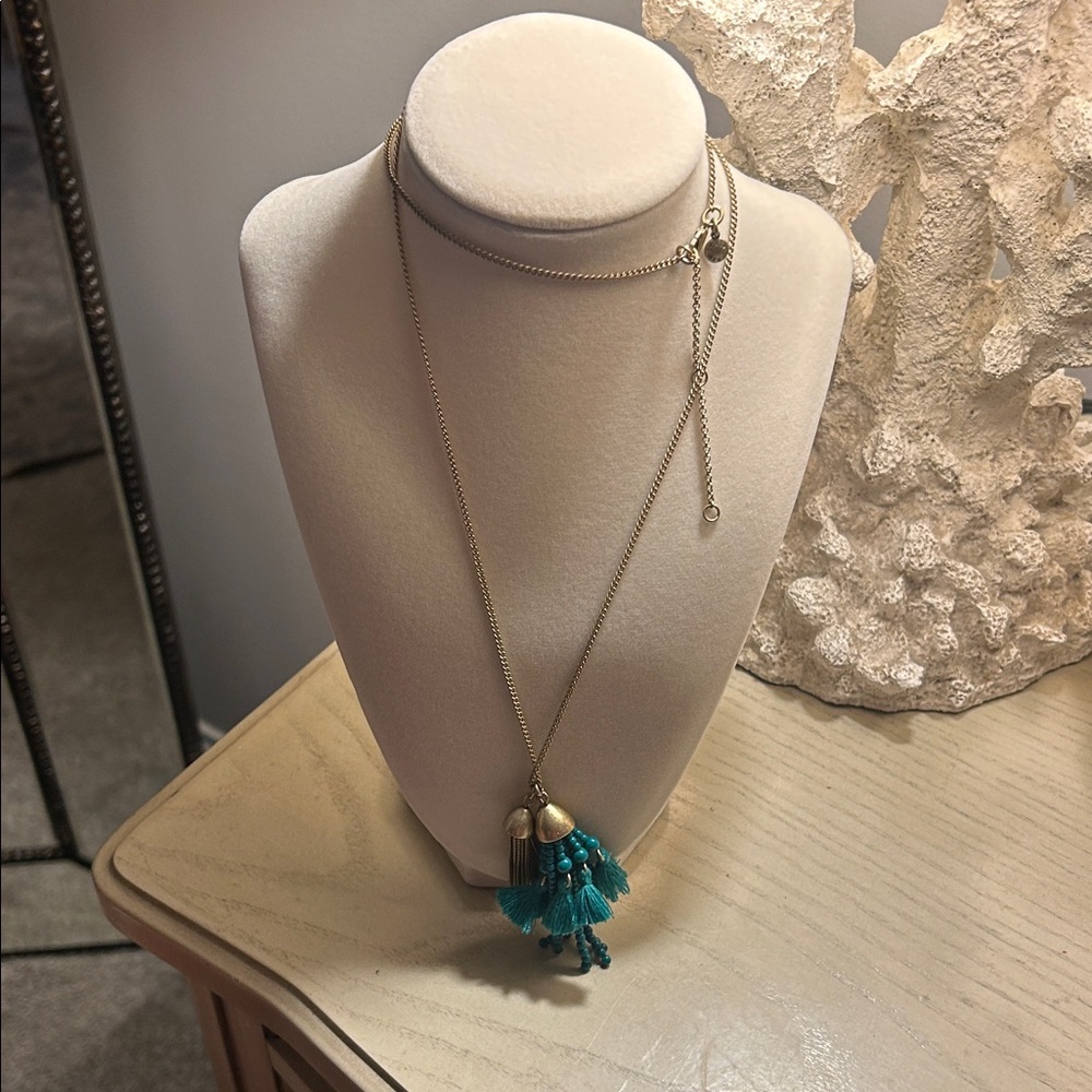 J. Crew Gold Necklace with Blue Tassels